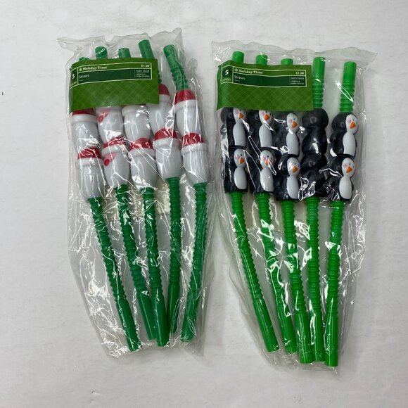 Holiday Time Christmas Party Favor Set Penguins Santa Snowmen Pencils Straws - Picture 2 of 7